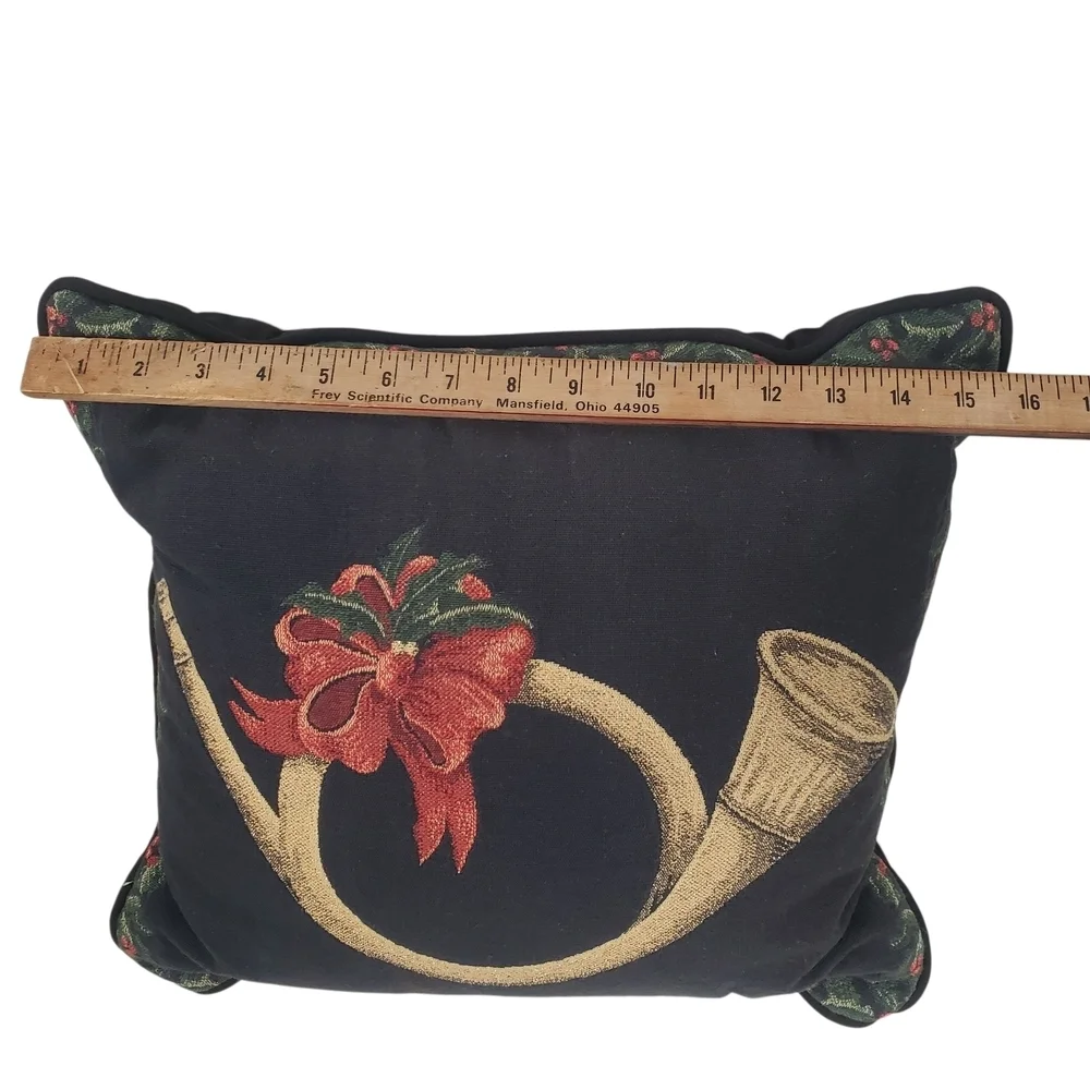 Classic Holiday Pillow. Black With Gold Horn And Red Green Accents. 16